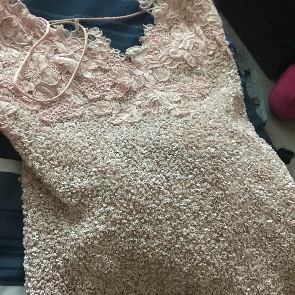 Hand beaded pink evening gown.